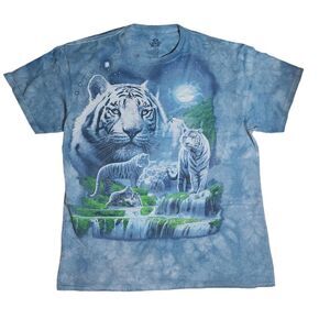 Vintage Liquid Blue Moonlit White Tiger on Blue Tie-Dyed Short Sleeve Tee Size L